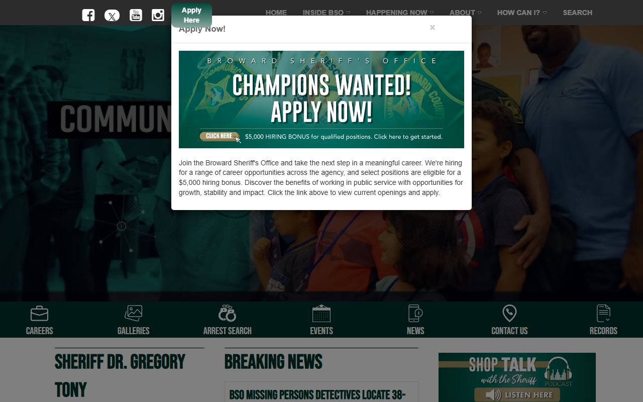 Broward Sheriff's Office arrest search portal showing inmate records