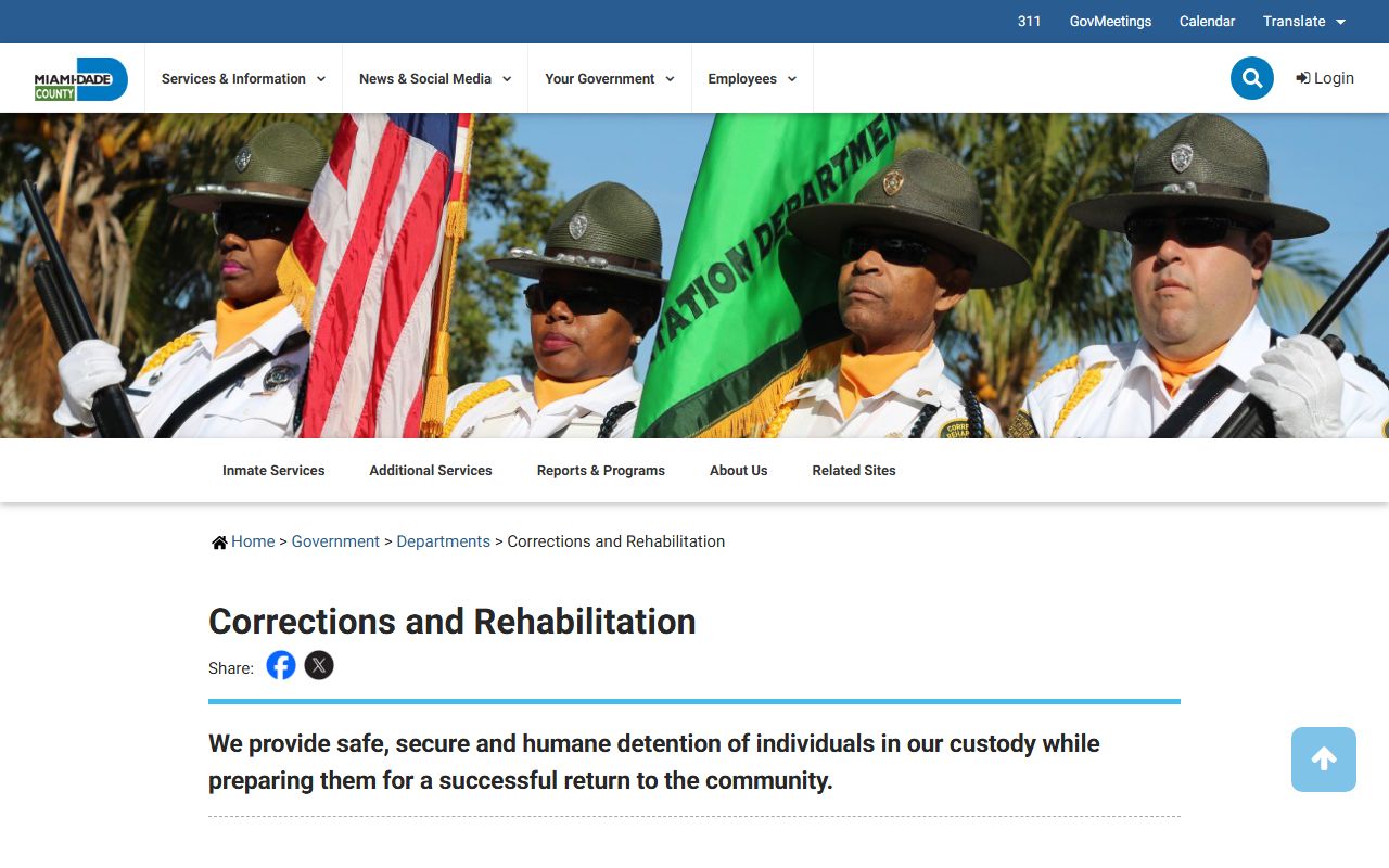 Miami-Dade Corrections homepage showing inmate search tools