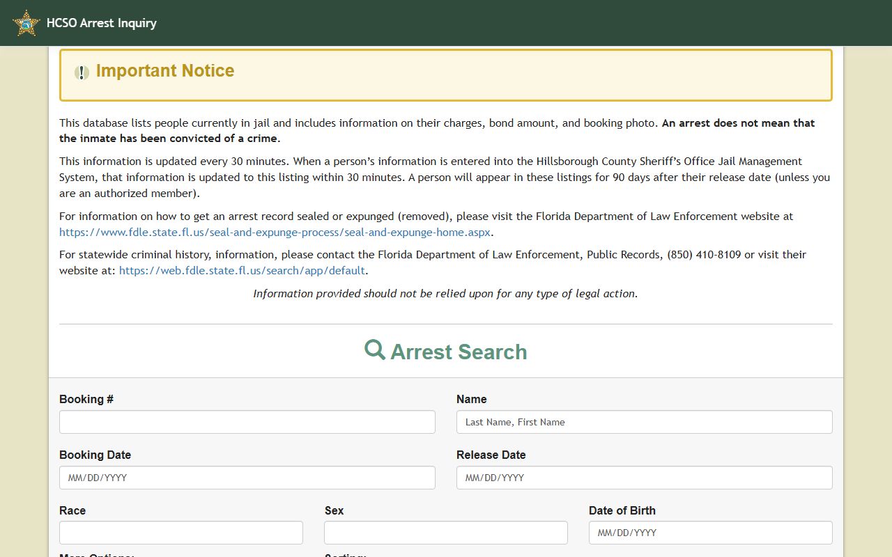 Hillsborough County Sheriff's Office arrest inquiry portal