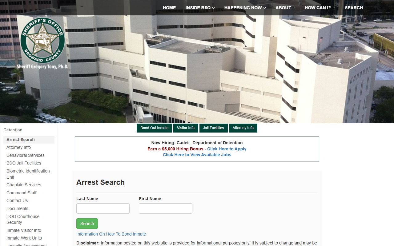 Broward County arrest search portal page