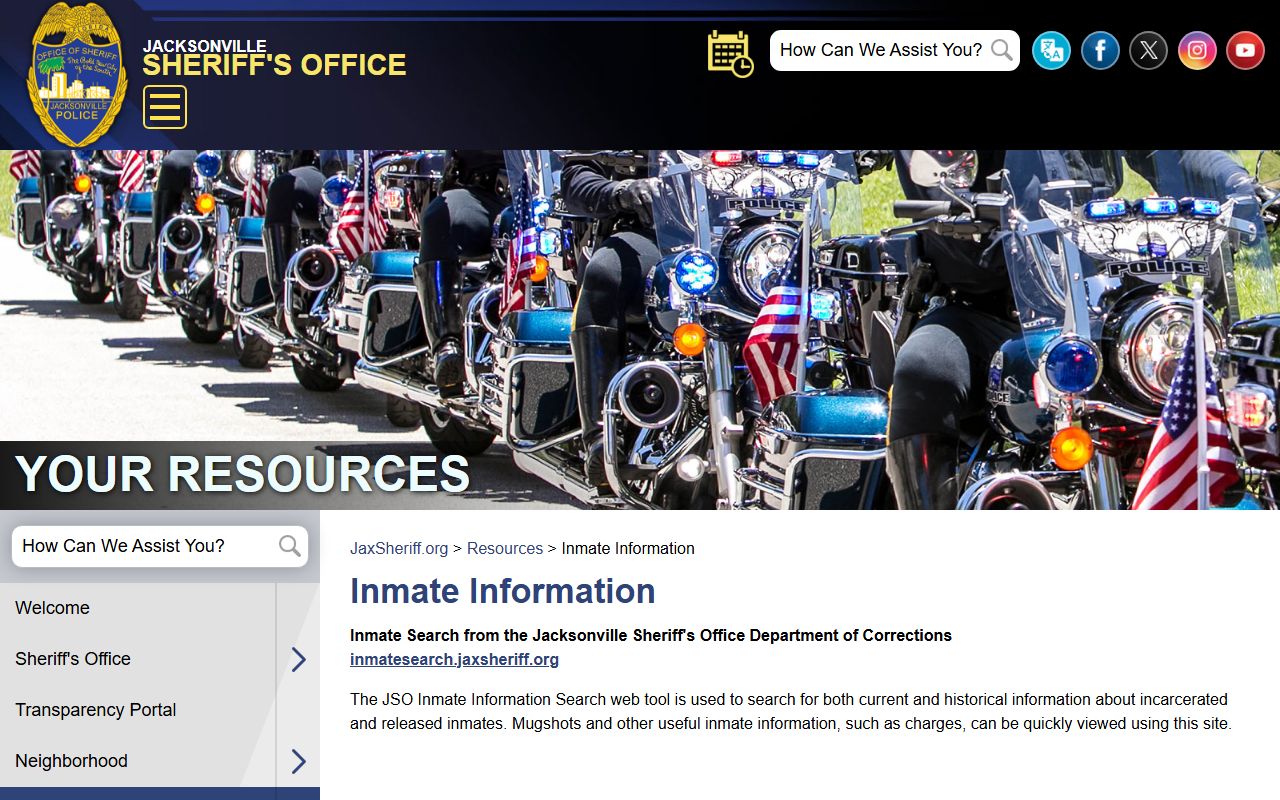 JSO inmate information page with details about search tool
