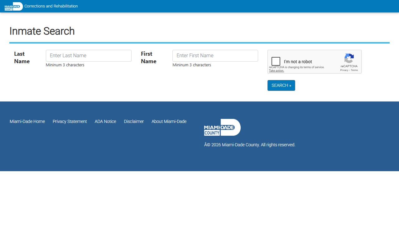 Miami-Dade County inmate search portal showing name search fields