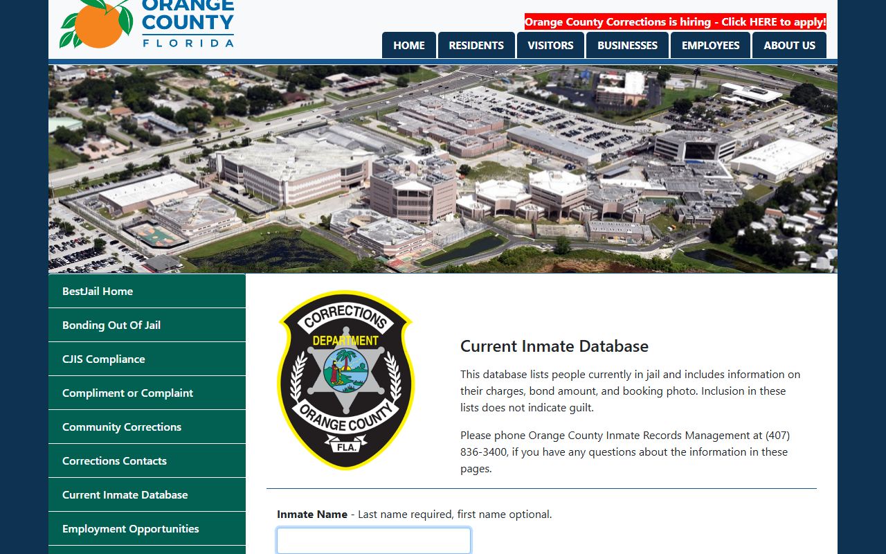 Orange County current inmate database search page