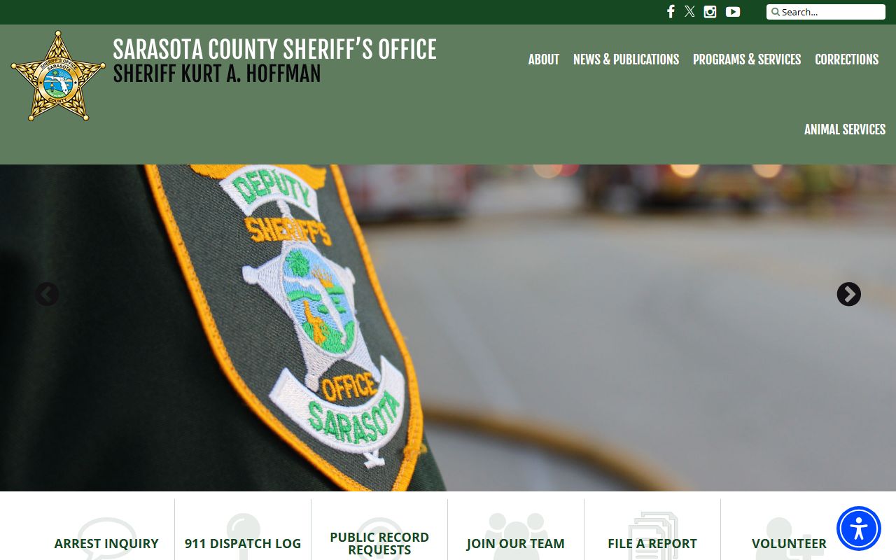 Sarasota County Sheriff's Office homepage showing inmate search access