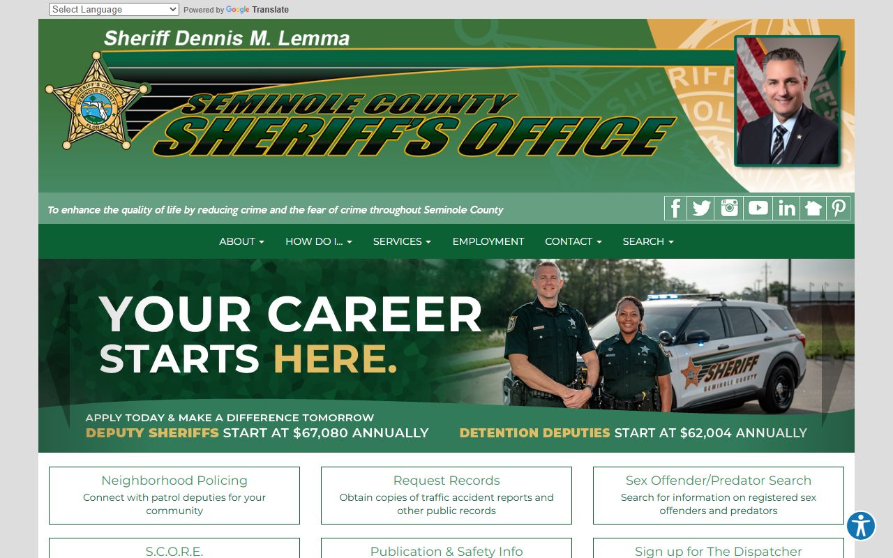Seminole County Sheriff's Office homepage with inmate search access