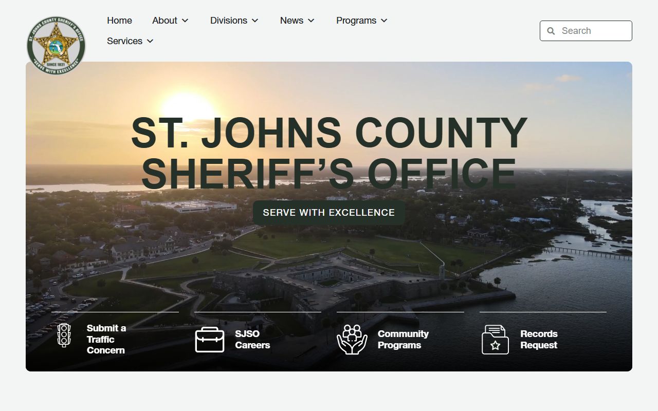 St. Johns County Sheriff's Office homepage with inmate search access