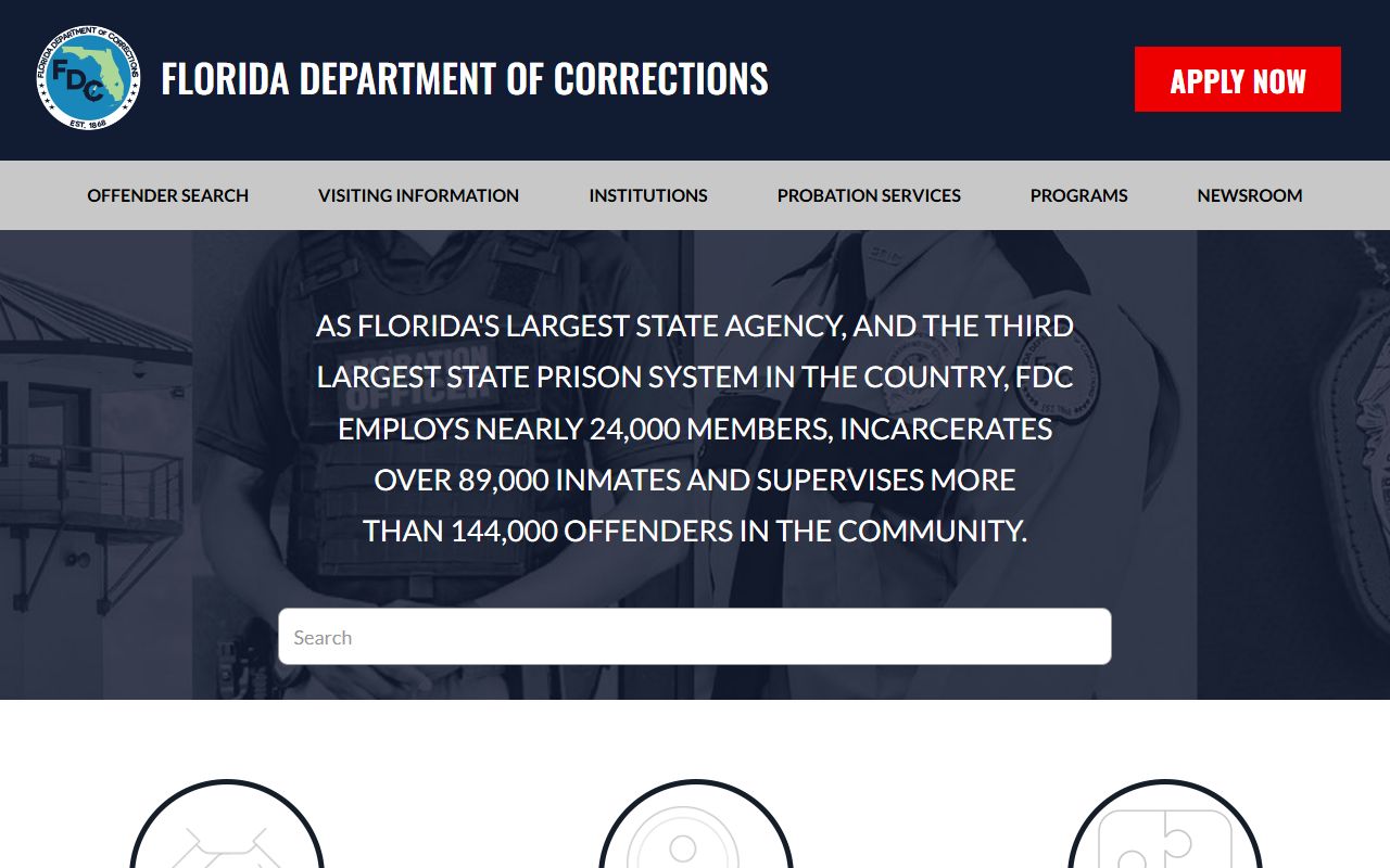 Florida Department of Corrections homepage with navigation to offender search and services