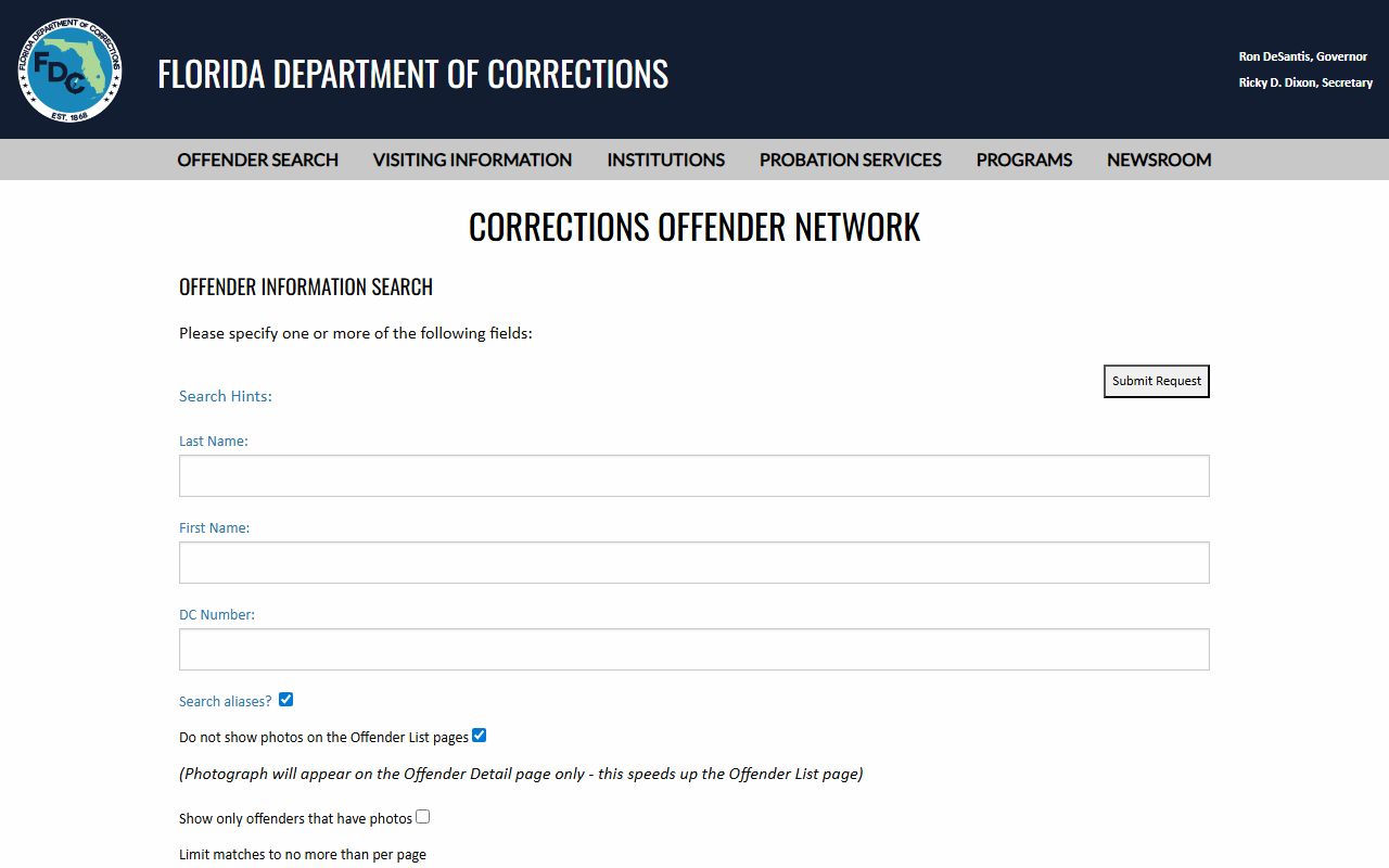 Florida inmate population search interface with name and number search fields