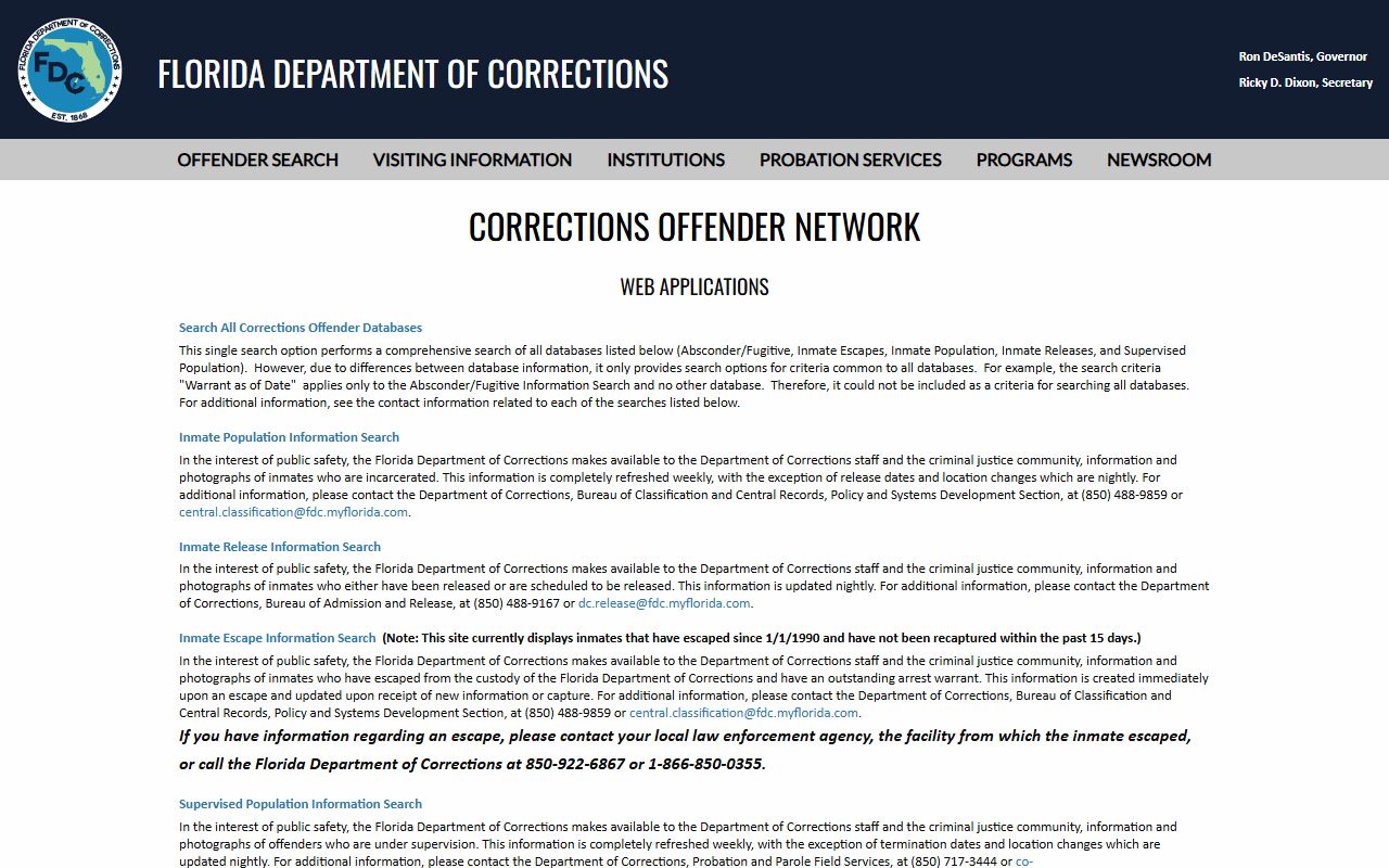 Florida Department of Corrections offender search menu showing all database options