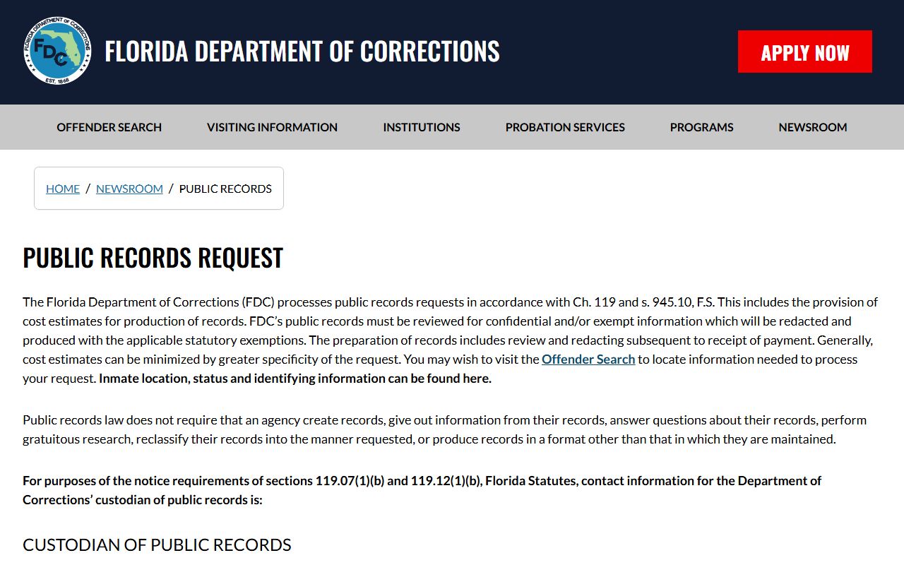 Florida Department of Corrections public records request information page