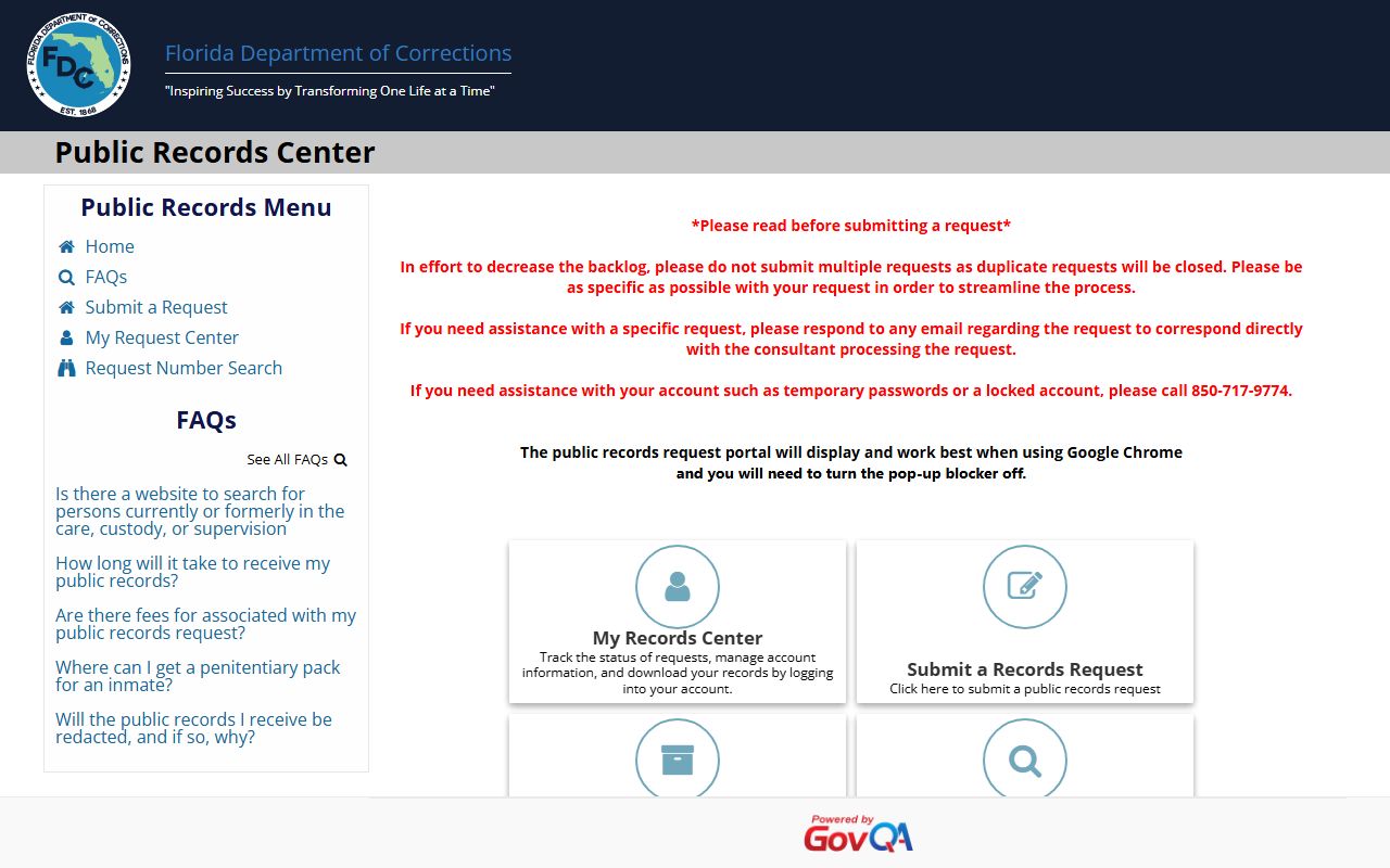 Online public records request portal for Florida Department of Corrections