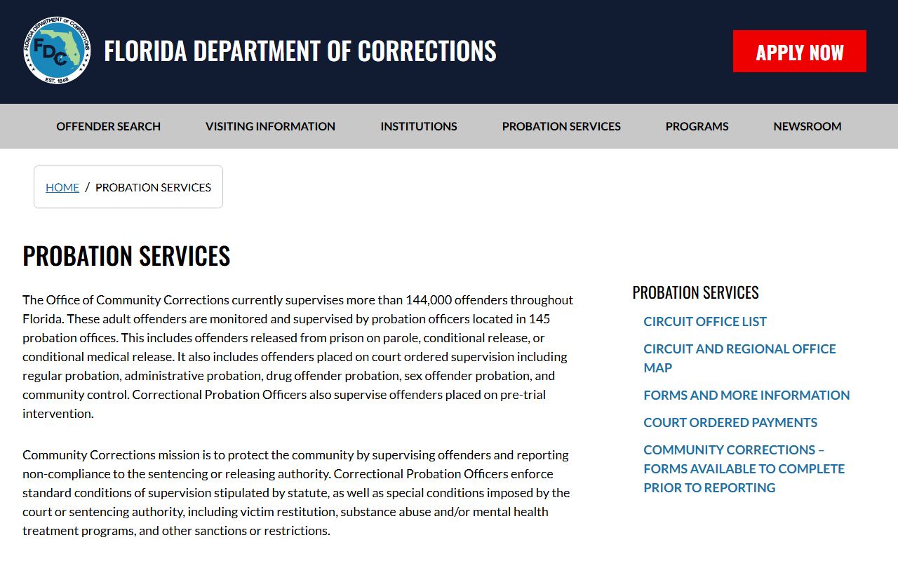 Florida Department of Corrections probation services page