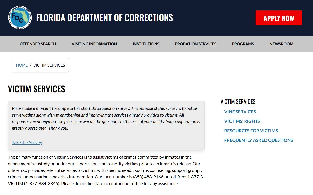 Florida Department of Corrections victim services page showing notification and support resources